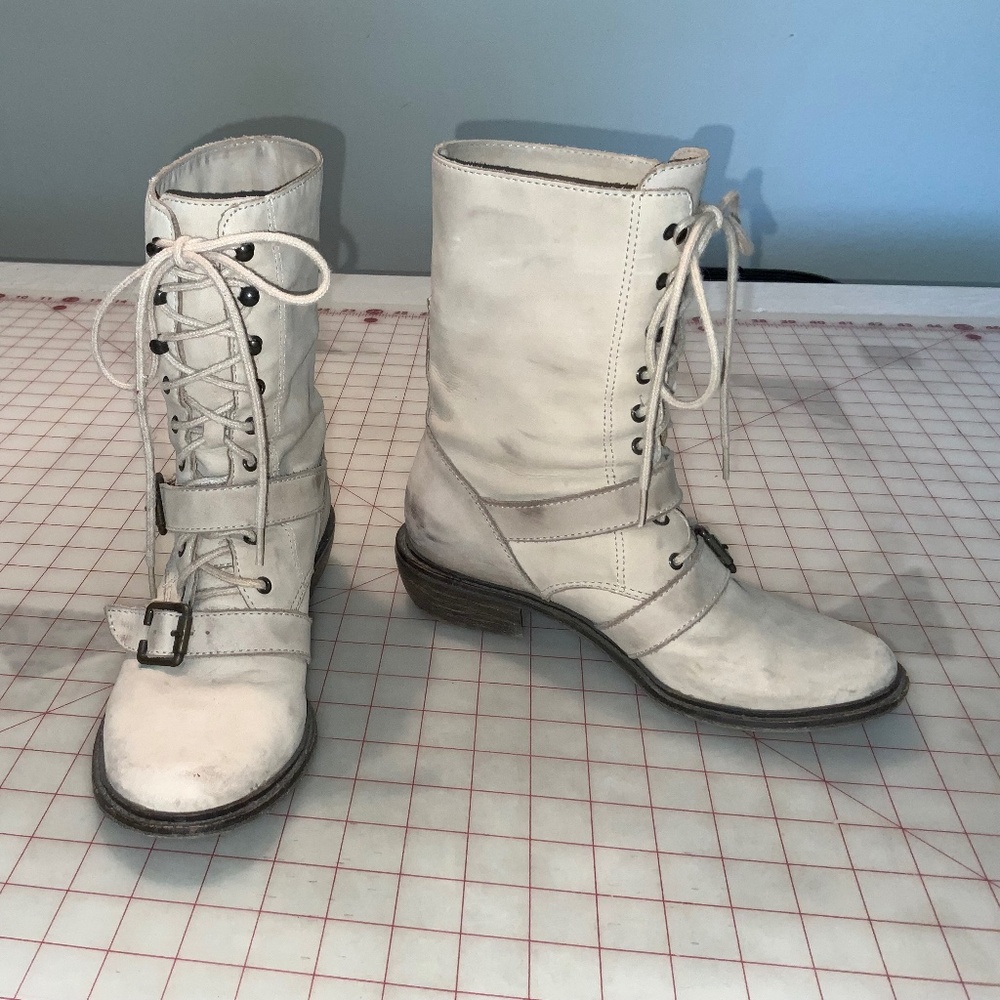 Cream Leather mid-calf lace up boots size 7 M